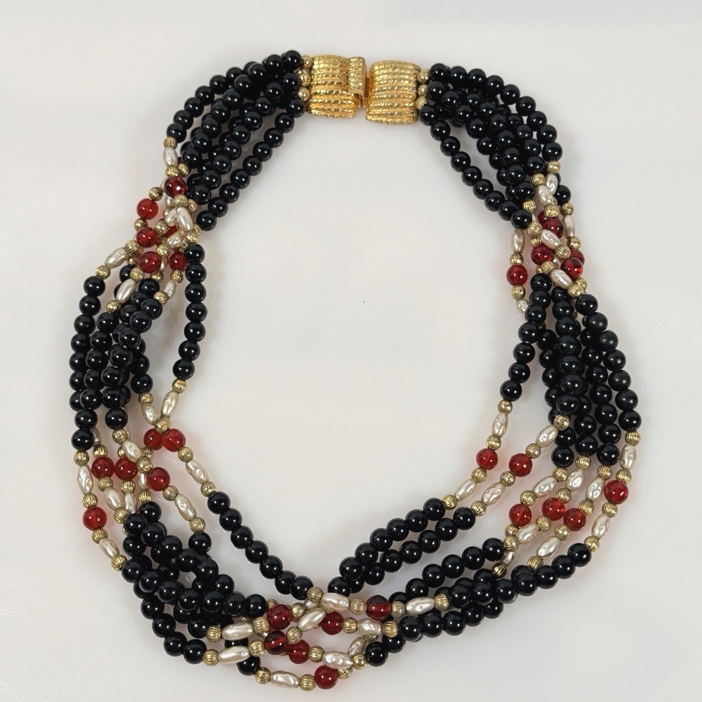 Vintage Gay Boyer Multi Strand Necklace Black & Red Beaded 1980s Statment